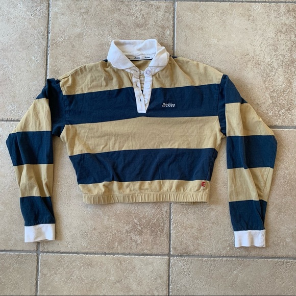 Dickies Cinch Collared Polo Tee Crop Top Yellow Blue Elastic Bottom 100% Cotton - Picture 11 of 12